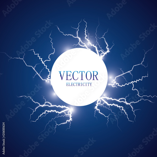 Vector ilustration. The effect of lightning and lighting. Thunder of lightning on a dark blue background. A symbol of natural strength or magic. Light and shine, Abstraction, electricity and explosion