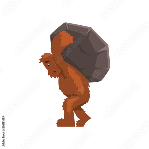 Funny bigfoot carrying heavy stone on his back, mythical creature cartoon character vector Illustration on a white background