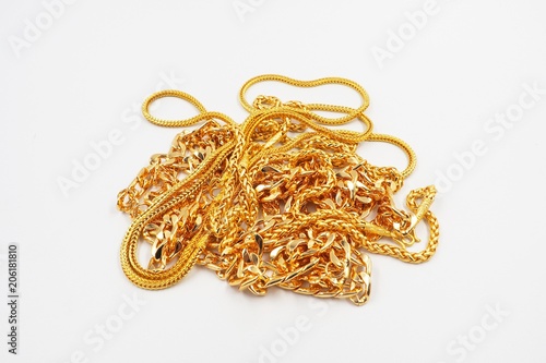 group of gold necklace isolated on white background