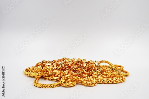 group of gold necklace isolated on white background