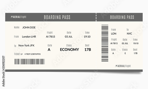 Airplane ticket template with passenger name and destination route. Realistic boarding pass illustration
