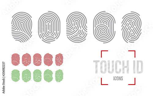 Touch ID icons set. Finger print scanning identification system. Biometric authorization, business security and personal data protection concept