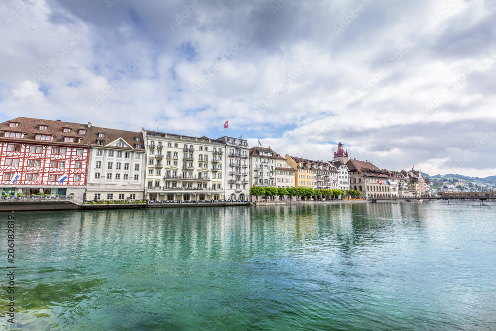 View of the city Lucerne from the lake side. Old European city