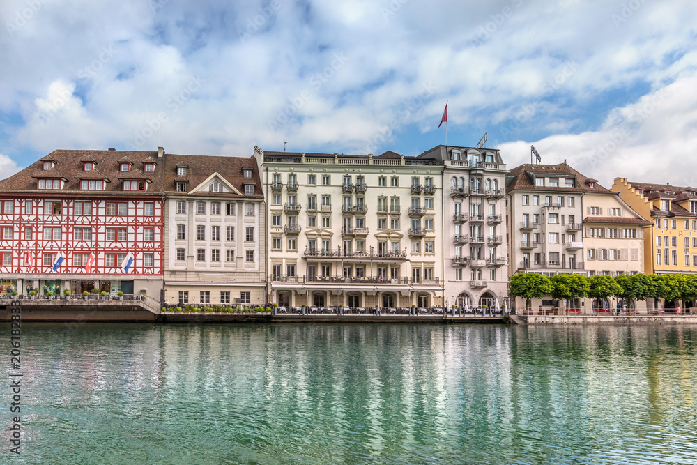 View of the city Lucerne from the lake side. Old European city