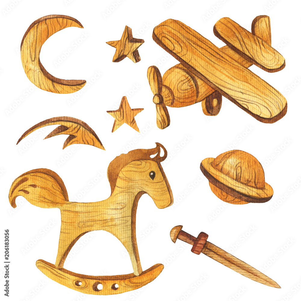 Set of wood toys - plane, rocking horse, moon, stars, planet and sward. Watercolor hand drawn illustration. Set of wood toys - plane, rocking horse, moon, stars, planet and sward. Watercolor hand drawn illustration.