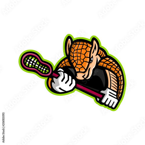 Mascot icon illustration of an Armadillo, a placental mammal in the order Cingulata with a leathery armor shell, holding a lacrosse stick viewed from side on isolated background in retro style.