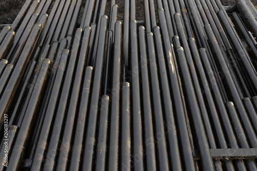 Oil drill pipe, Drill Pipe Stacked on Pipe Deck