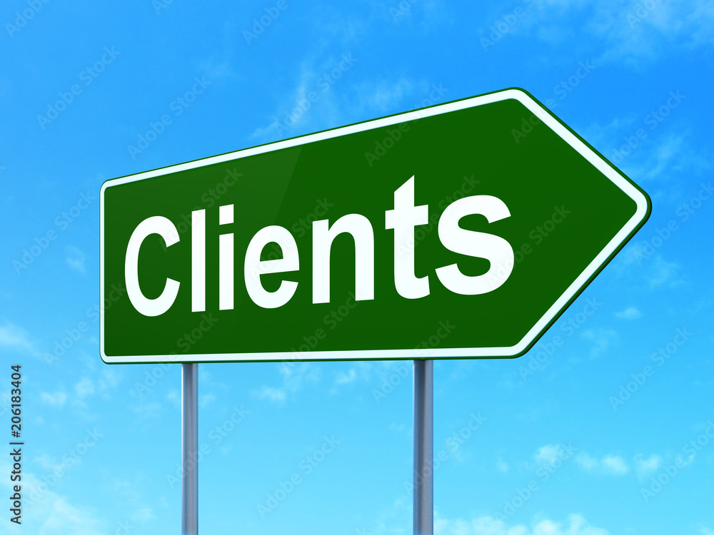 Finance concept: Clients on green road highway sign, clear blue sky background, 3D rendering Finance concept: Clients on green road highway sign, clear blue sky background, 3D rendering