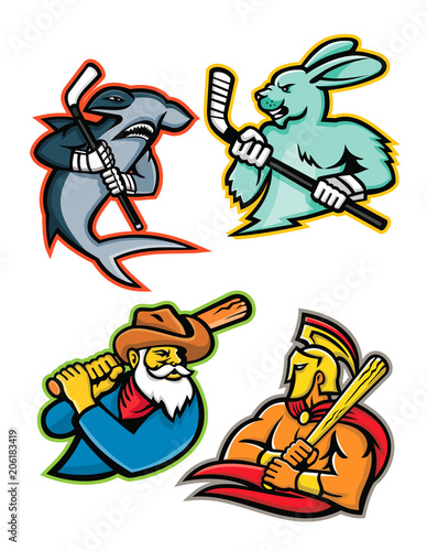 Mascot icon illustration set of baseball and ice hockey team mascots showing a hammerhead shark and jackrabbit or hare ice hockey player, miner and Trojan or Spartan warrior baseball player viewed fr
