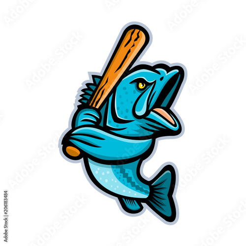 Mascot icon illustration of a largemouth bass, bucketmouth or bigmouth bass with baseball bat batting viewed from side on isolated background in retro style.