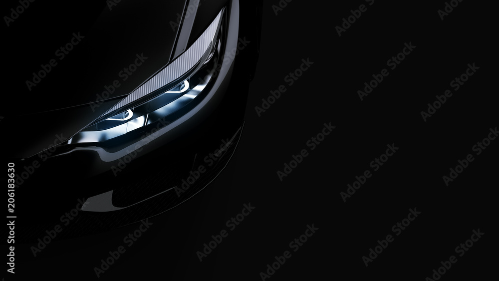 headlights of black sports car on black background, photorealistic 3d render, generic design, non-branded - obrazy, fototapety, plakaty 
