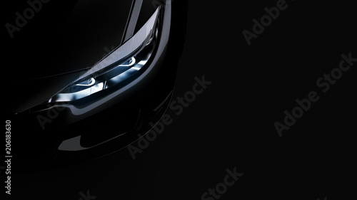 headlights of black sports car on black background, photorealistic 3d render, generic design, non-branded