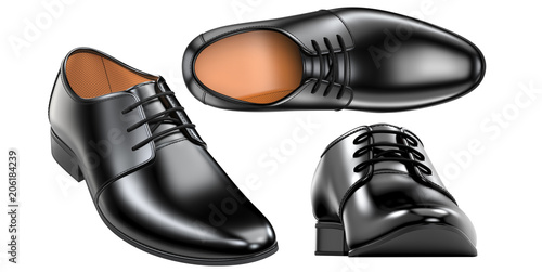 Set of a fashion elegant black men's shoes. 3d render of leather male boots isolated on white background. For advertising a Shoe store or for polishing cream and leather footwear care products. photo