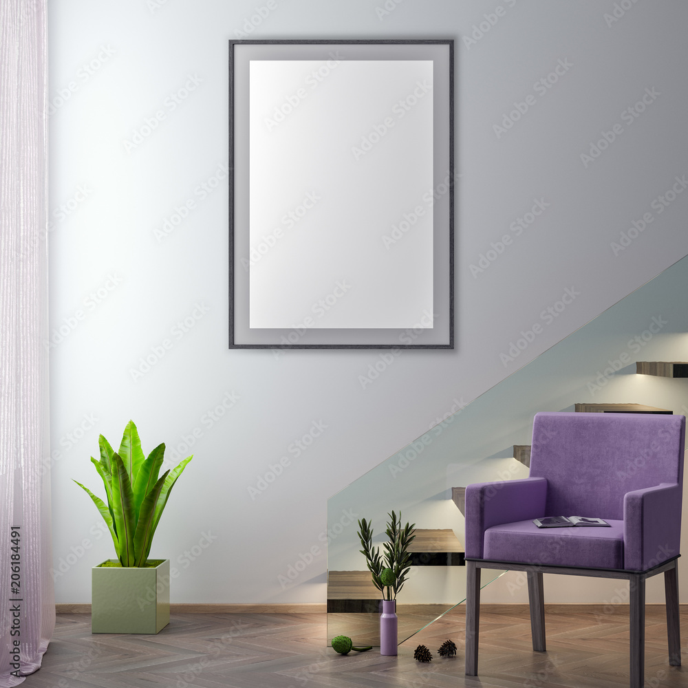 Mock up poster frame in hipster interior background, 3D illustration Mock up poster frame in hipster interior background, 3D illustration