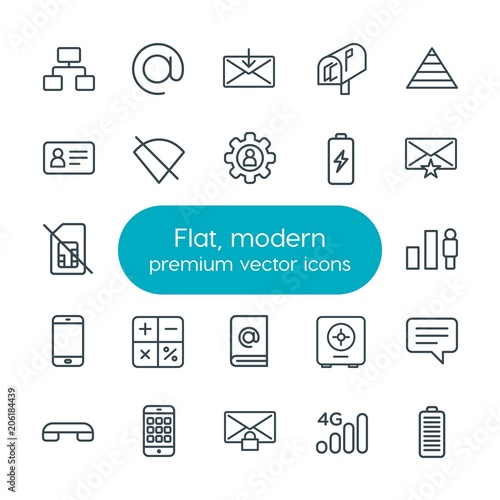 Modern Simple Set of business, charts, mobile, email Vector outline Icons. Contains such Icons as  message, mail,  4g,  mail, call,  chat and more on white background. Fully Editable. Pixel Perfect