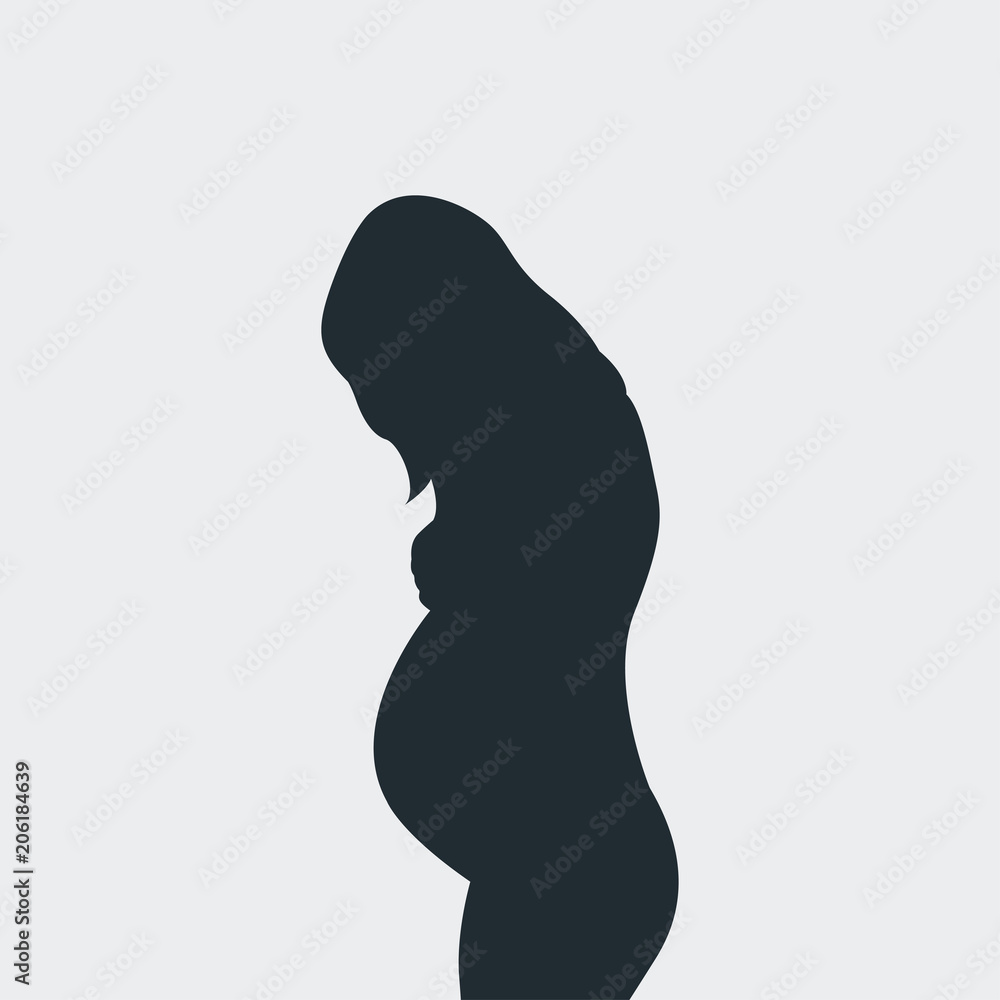Icono plano silueta mujer embarazada de pie en fondo gris