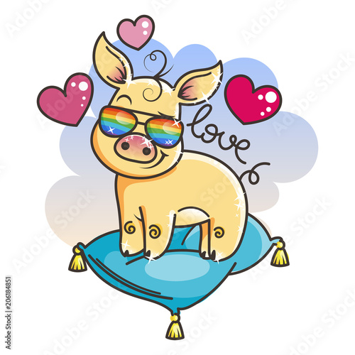 Cute cartoon golden baby pig in a cool rainbow glasses