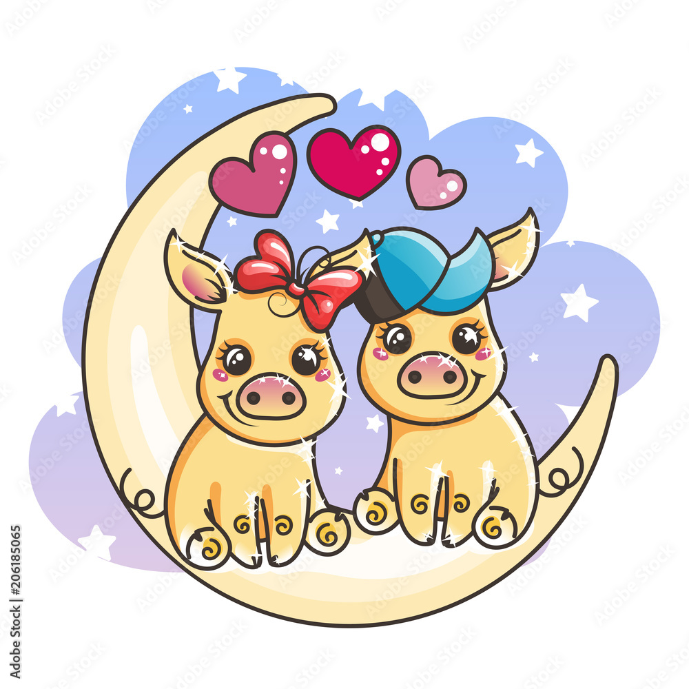 Naklejka premium Cute cartoon golden baby pigs in love on a Moon