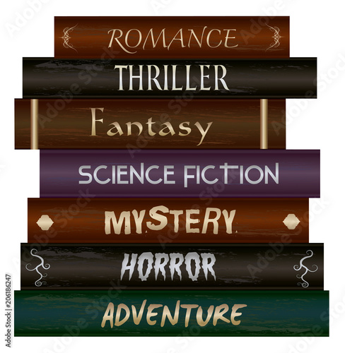 Stack of books- Romance, Thriller, Fantasy, Science Fiction, Mystery, Horror & Adventure