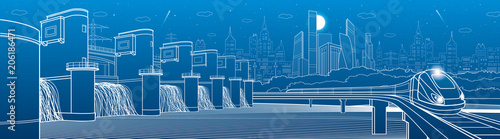 City infrastructure industrial and transportation illustration panorama. Hydro power plant. River Dam. Energy station. Train move on bridge. White lines on blue background. Vector design art