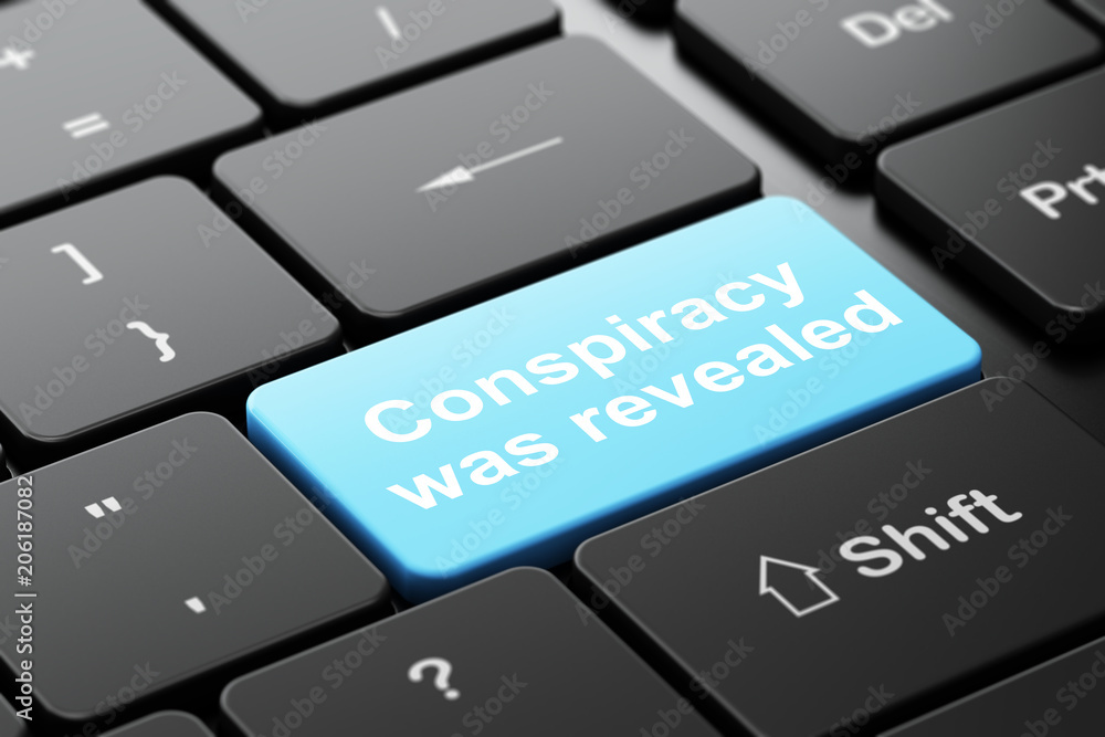 Fototapeta premium Political concept: computer keyboard with word Conspiracy Was Revealed, selected focus on enter button background, 3D rendering