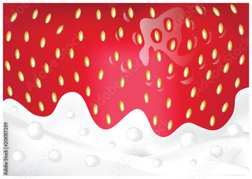 Color vector illustration of fresh red strawberry in cream yoghurt.