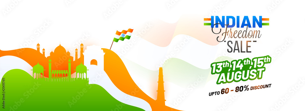 Indian freedom sale, web header or banner design with Taj Mahal, and Red Fort on Saffron and Green colous background. Indian freedom sale, web header or banner design with Taj Mahal, and Red Fort on Saffron and Green colous background.