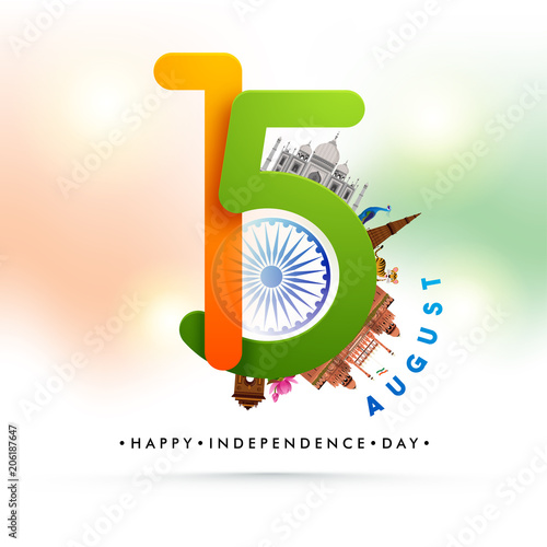 Stylish text 15th August with famous Indian Monuments.