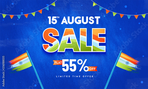 15th August Sale, Poster or Banner Design with 55% Off Offers, Waving Flags on Blue Abstract Background.