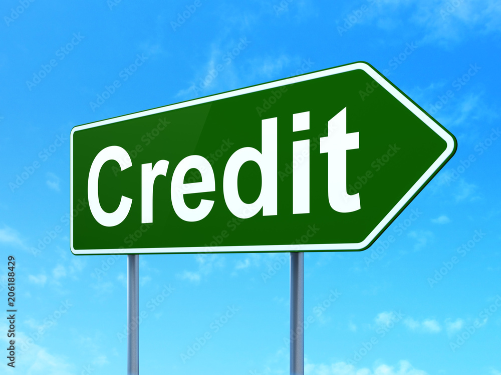 Currency concept: Credit on green road highway sign, clear blue sky background, 3D rendering Currency concept: Credit on green road highway sign, clear blue sky background, 3D rendering