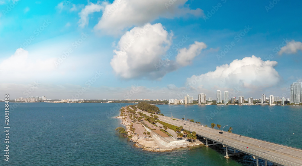 Panoramic aerial view of Miami and Rickenbacker Causeway, Florida - USA