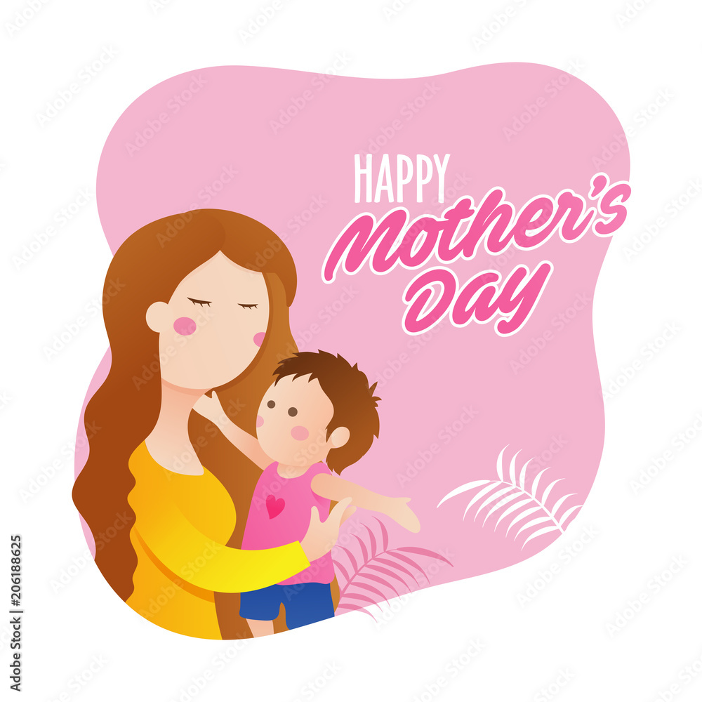 Happy Mother's Day celebration concept with happy mom and her infant on pink and white background. Happy Mother's Day celebration concept with happy mom and her infant on pink and white background.