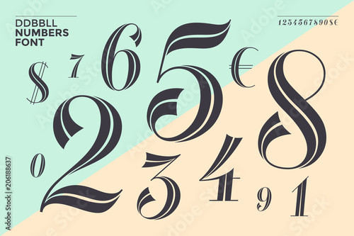 DDBBLL. Numbers font in classical geometric design for banner, poster, invitation, greeting card. Beautiful elegant numeral, dollar, euro symbols. Vintage and retro typographic. Vector Illustration