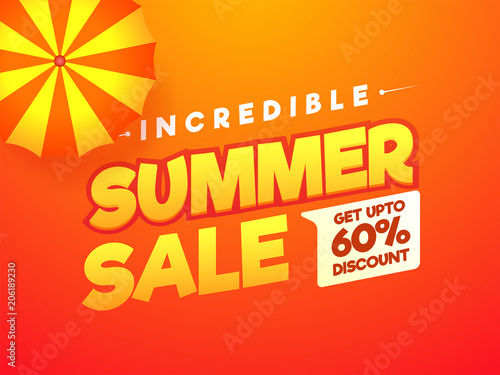 Incredible Summer Sale, poster, banner or flyer design with stylish text Umbrella and 60% off offers.