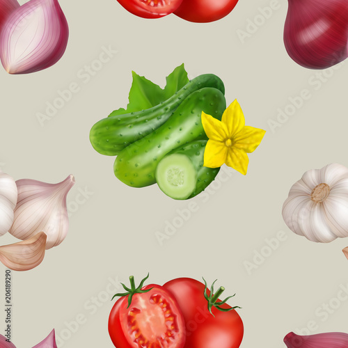 Fototapeta Naklejka Na Ścianę i Meble -  Seamless pattern with vegetables. Vegeterian food. Tomato, pumpkin, cabbage, potatoes onion broccoli carrot pepper and garlic. 3d realism vector illustration.