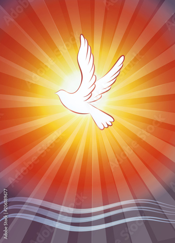 Christian baptism symbol with water waves and dove on sunset background