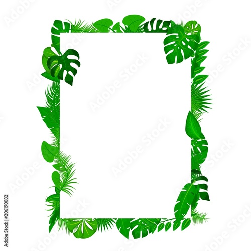 Summer poster. Tropical leaves background with white paper with text space frame banner. Tropical background vector palm leaf. Concept for the design of invitations and greeting cards. Vector
