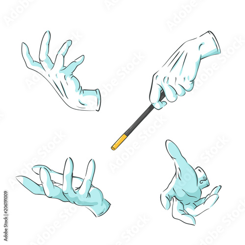  magician hands in gloves with a magic wand