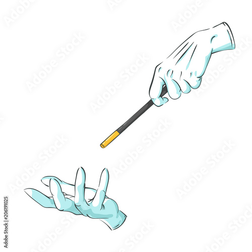  magician hands in gloves with a magic wand