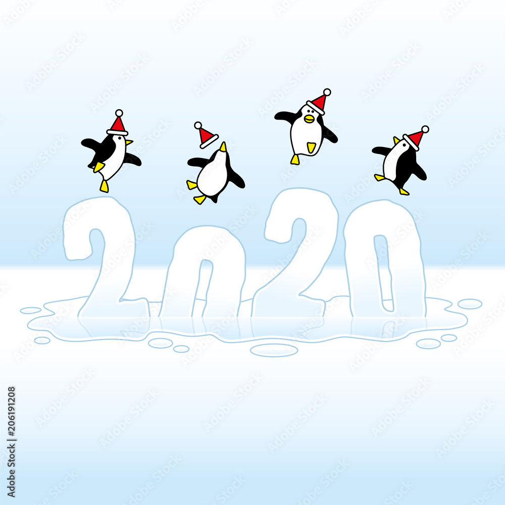 Obraz premium Santa Penguins Celebrating on Sinking Frozen Year 2020