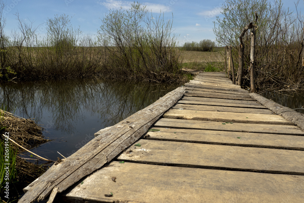 Obraz premium Wooden bridge over the river in summer