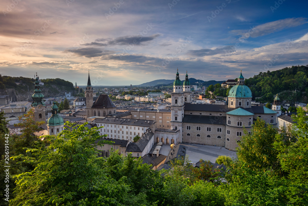 Salzburg, Austria. Cityscape image of the Salzburg, Austria with Salzburg Cathedral during spring sunset.