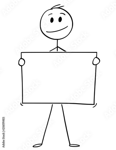 Cartoon stick man drawing conceptual illustration of businessman holding empty or blank paper or sign.