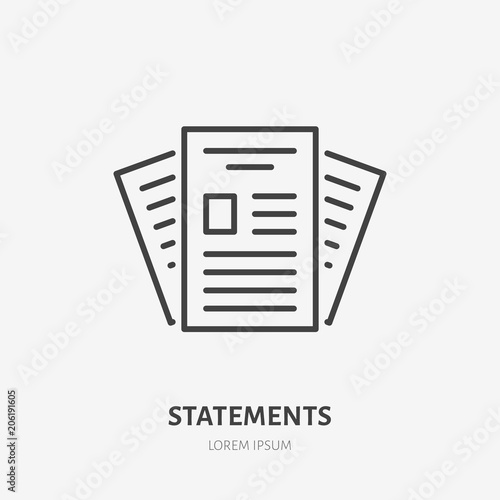 Statement flat line icon. Paper documents sign. Thin linear logo for legal financial services, accountancy.