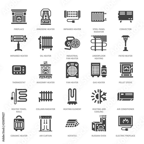 Oil heater, fireplace, convector, panel column radiator and other house heating appliances glyph icons. Home warming pictogram. Equipment store signs. Solid silhouette pixel perfect 64x64.