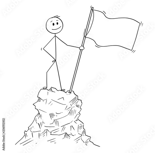 Cartoon stick man drawing conceptual illustration of businessman standing with flag on peak or top of the mountain. Business concept of success or achievement.