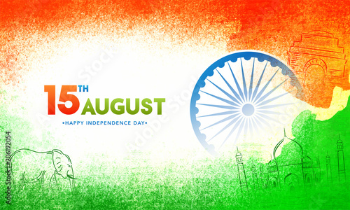 Indian Independence Day celebration concept with stylish text, elephant, Ashoka Wheel, and Indian Monuments.