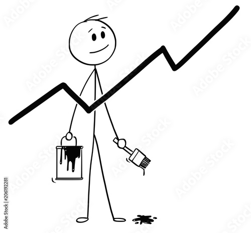 Cartoon stick man drawing conceptual illustration of businessman with brush and paint can painting or drawing growing chart or graph arrow. Business concept of growth and success.