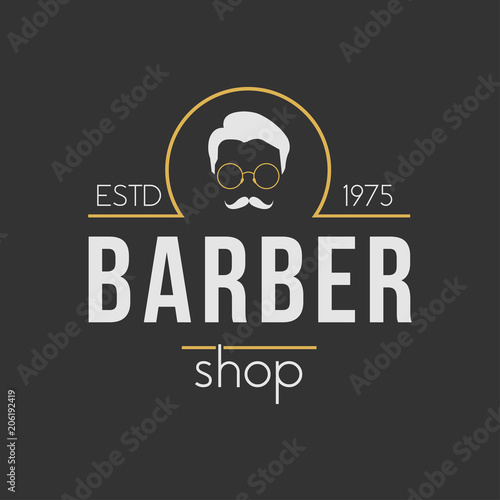 Barbershop logo. Vintage set barber logo with razor, shaver, scissors, hair, haircut, mustache and beard. Gentleman club, Barbershop allience logos.