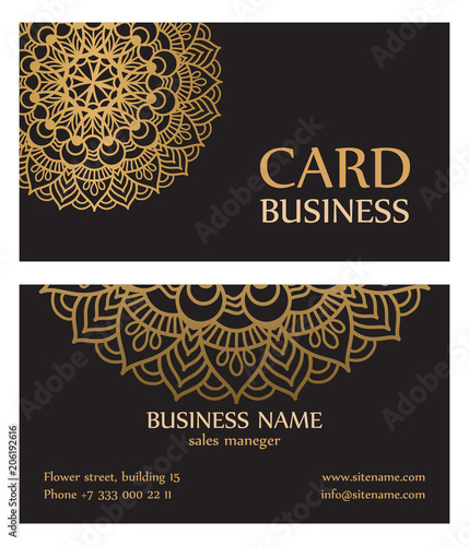 Business card with circle gold ornaments. for yoga center or Studio beauty. Vector illustration.